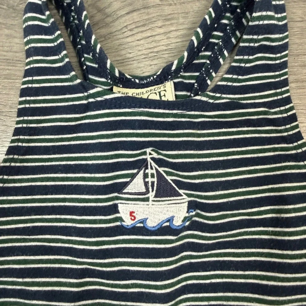 Children's Place Nautical Sailboat Striped‎ Romper Navy Green 18 Months Preppy
